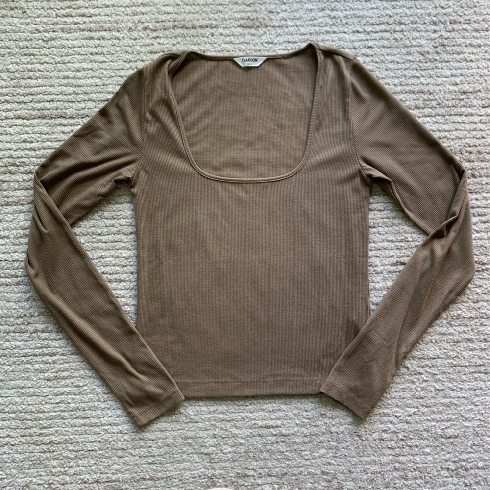 Thakoon Rib Knit Square Neckline Long Sleeve Tee Brown Size Medium